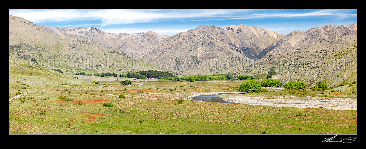 Image of Tarndale Station in the Alma River valley. Balaclava Ridge and Cat Creek behind. Mount Tarndale centre. Panorama, Molesworth Station, Marlborough District, Marlborough Region, New Zealand (NZ) stock photo image