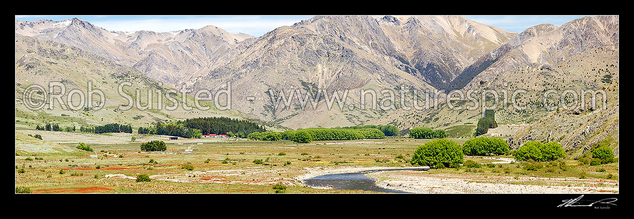 Image of Tarndale Station in the Alma River valley. Balaclava Ridge and Cat Creek behind. Mount Tarndale centre. Panorama, Molesworth Station, Marlborough District, Marlborough Region, New Zealand (NZ) stock photo image