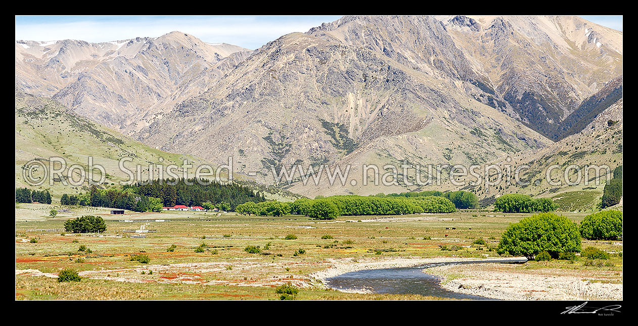 Image of Tarndale Station buildings in the Alma River valley. Panorama, Molesworth Station, Marlborough District, Marlborough Region, New Zealand (NZ) stock photo image