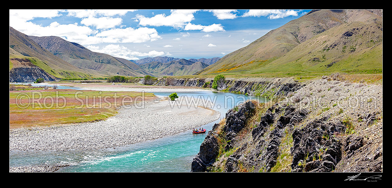 Image of Clarence River rafting party on a 5 day trip near Acheron. Bullen Hills, Amuri and Seaward Kaikoura Range beyond. Panorama, Molesworth Station, Marlborough District, Marlborough Region, New Zealand (NZ) stock photo image