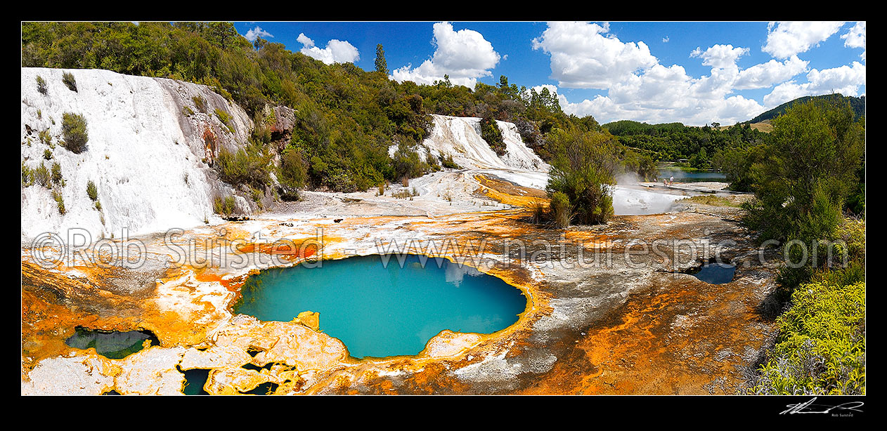 Image of Geothermal Rainbow and Cascade terraces at the Orakei Korako cave and thermal park - the Hidden Valley, Lake Ohakuri, Rotorua, Rotorua District, Bay of Plenty Region, New Zealand (NZ) stock photo image