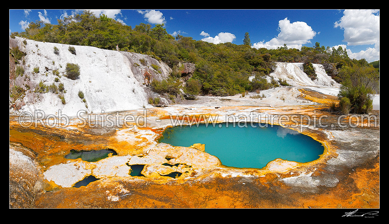 Image of Geothermal Rainbow and Cascade terraces and hotpools at the Orakei Korako cave and thermal park - the Hidden Valley. Panorama, Lake Ohakuri, Rotorua, Rotorua District, Bay of Plenty Region, New Zealand (NZ) stock photo image