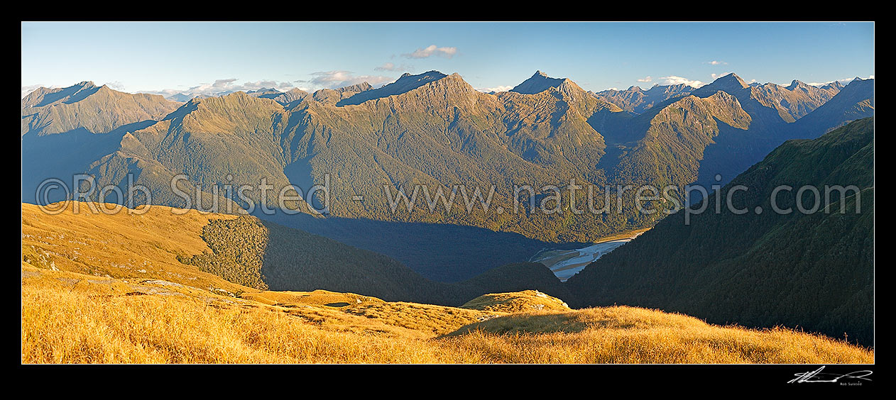 Image of Haast River valley panorama from the Thomas Range. Cache Creek and Headlong Spur centre right, Haast, Westland District, West Coast Region, New Zealand (NZ) stock photo image