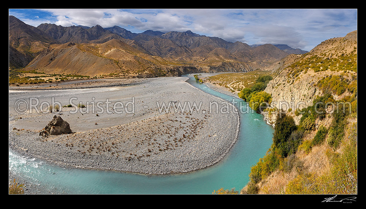 Image of Clarence River and valley with the Haycock and Seaward Kaikoura Ranges beyond. Murderer's Stream left, Williams and Boundary Stream centre. Panorama, Muzzle Station, Marlborough District, Marlborough Region, New Zealand (NZ) stock photo image