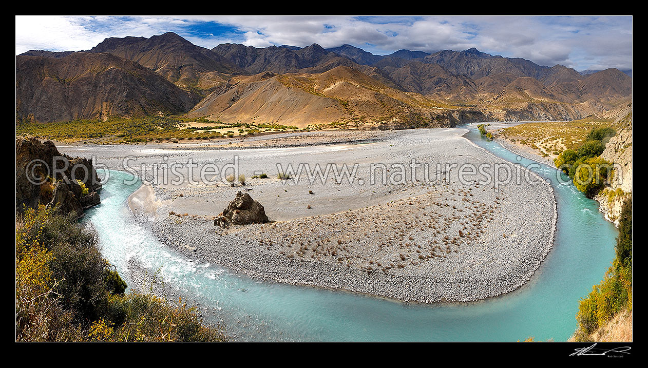 Image of Clarence River and valley with the Haycock and Seaward Kaikoura Ranges beyond. Murderer's Stream left, Williams and Boundary Stream right. Panorama, Muzzle Station, Marlborough District, Marlborough Region, New Zealand (NZ) stock photo image