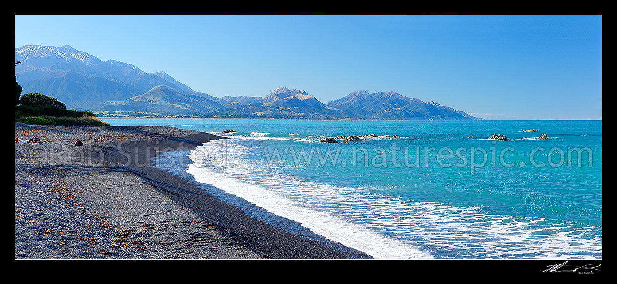 Image of Kaikoura beach and swimmers, with Seaward Kaikoura Range mountains (left) and Mt Alexander (centre) behind. Panorama, Kaikoura, Kaikoura District, Canterbury Region, New Zealand (NZ) stock photo image