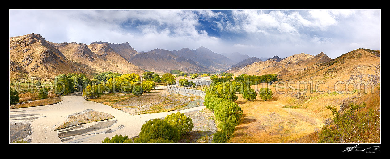 Image of Awatere River upper valley in late summer with river in flood. Panorama. Compare to 45263, Awatere Valley, Marlborough District, Marlborough Region, New Zealand (NZ) stock photo image