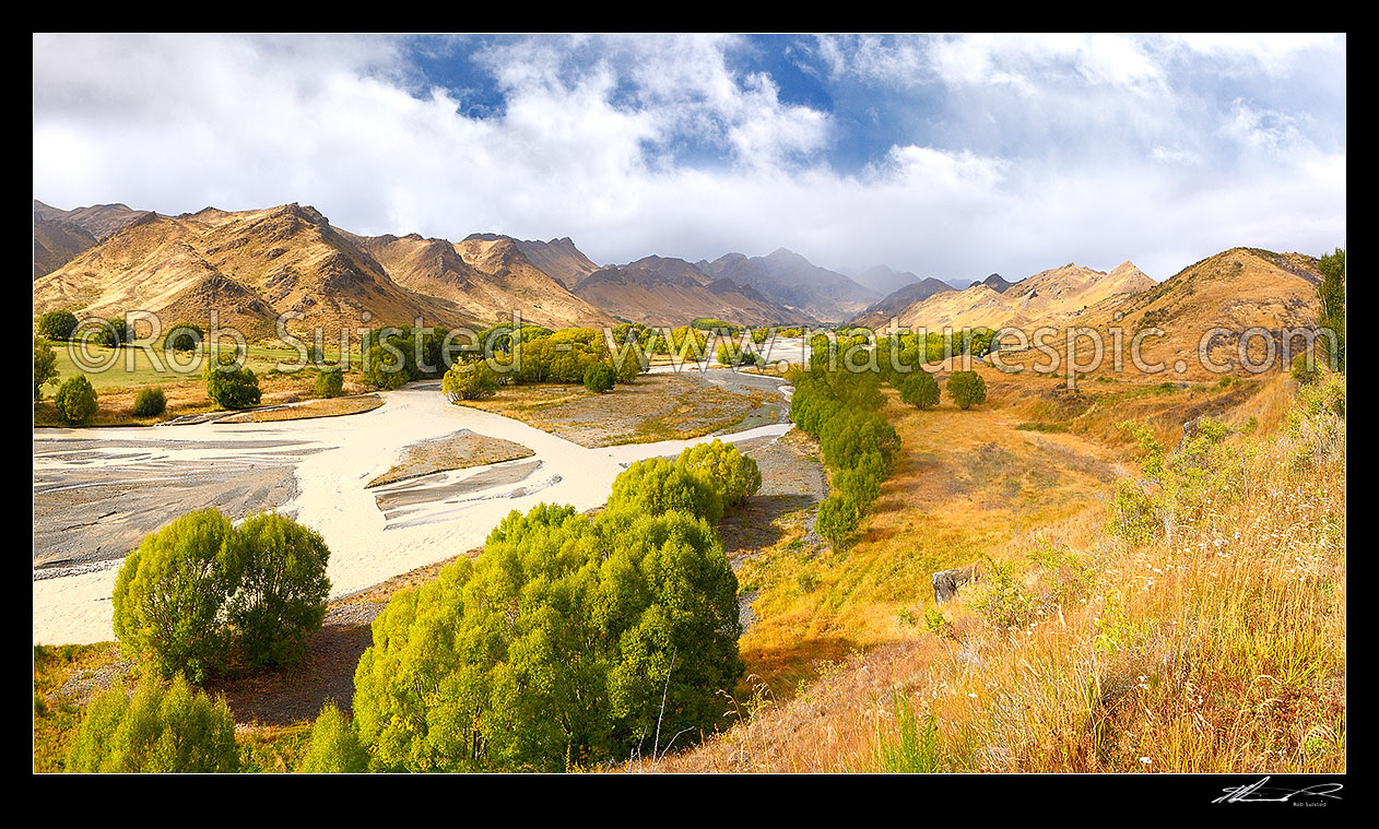 Image of Awatere River upper valley in late summer with river in flood. Panorama. Compare to 45264, Awatere Valley, Marlborough District, Marlborough Region, New Zealand (NZ) stock photo image