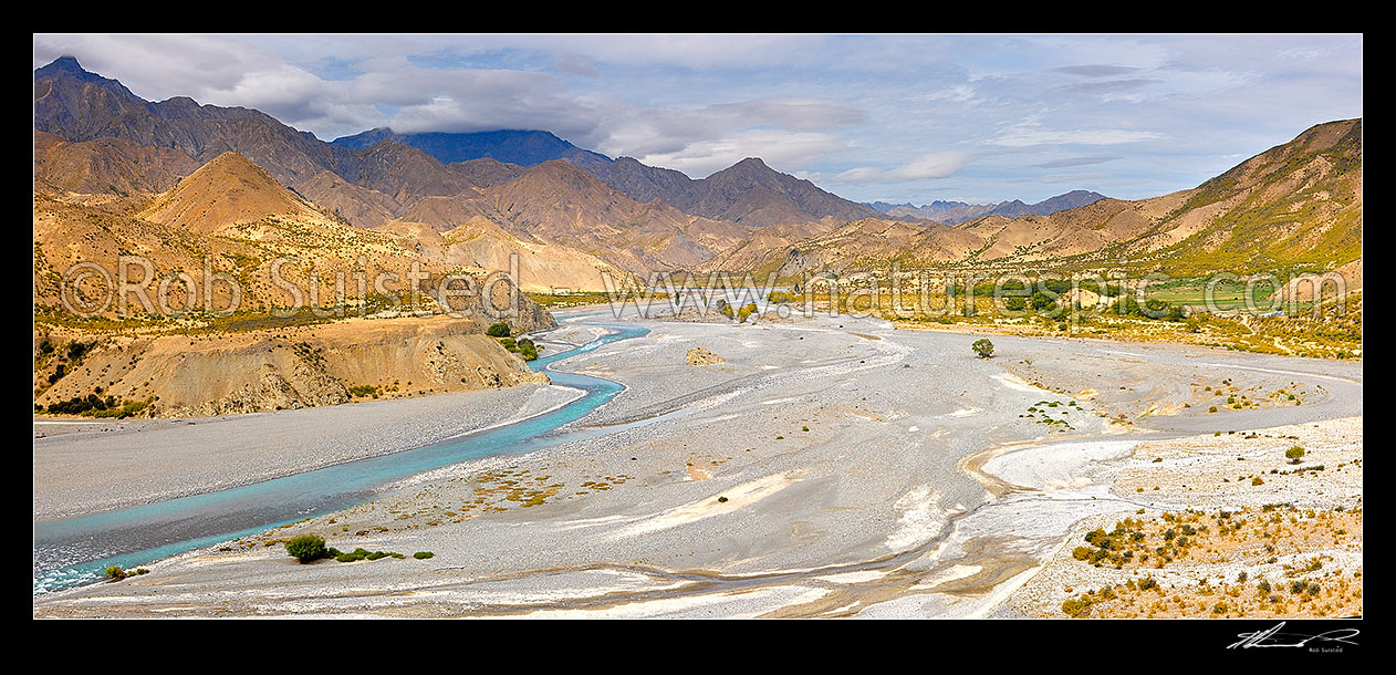 Image of Clarence River panorama, looking upstream from near Dart Stream, towards Ravine Hut, Muzzle Station, Kaikoura District, Canterbury Region, New Zealand (NZ) stock photo image