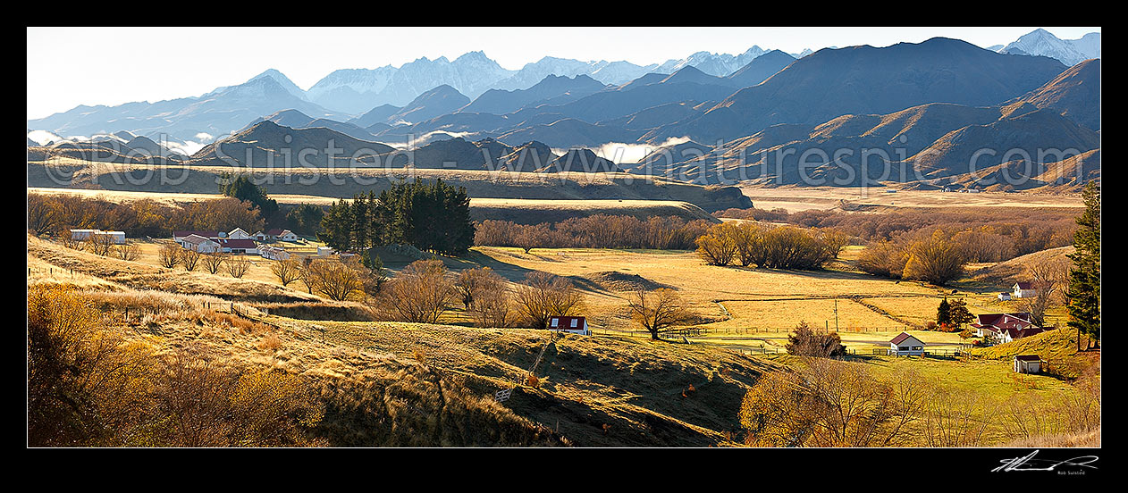 Image of Molesworth Station panorama on a calm autumn morning below the Inland Kaikoura Ranges and Mt Tapuae-o-Uenuku (2885m), Molesworth Station, Marlborough District, Marlborough Region, New Zealand (NZ) stock photo image