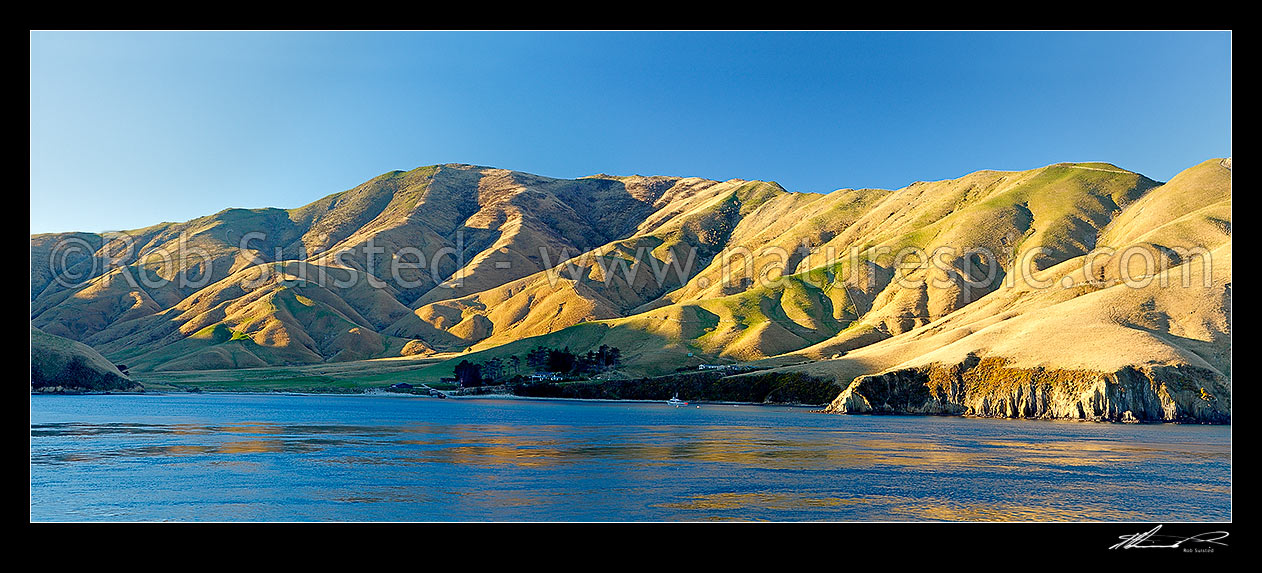 Image of Okukari Bay on Arapaoa (Arapawa) Island, on northern side of Tory Channel entrance. Panorama, Marlborough Sounds, Marlborough District, Marlborough Region, New Zealand (NZ) stock photo image