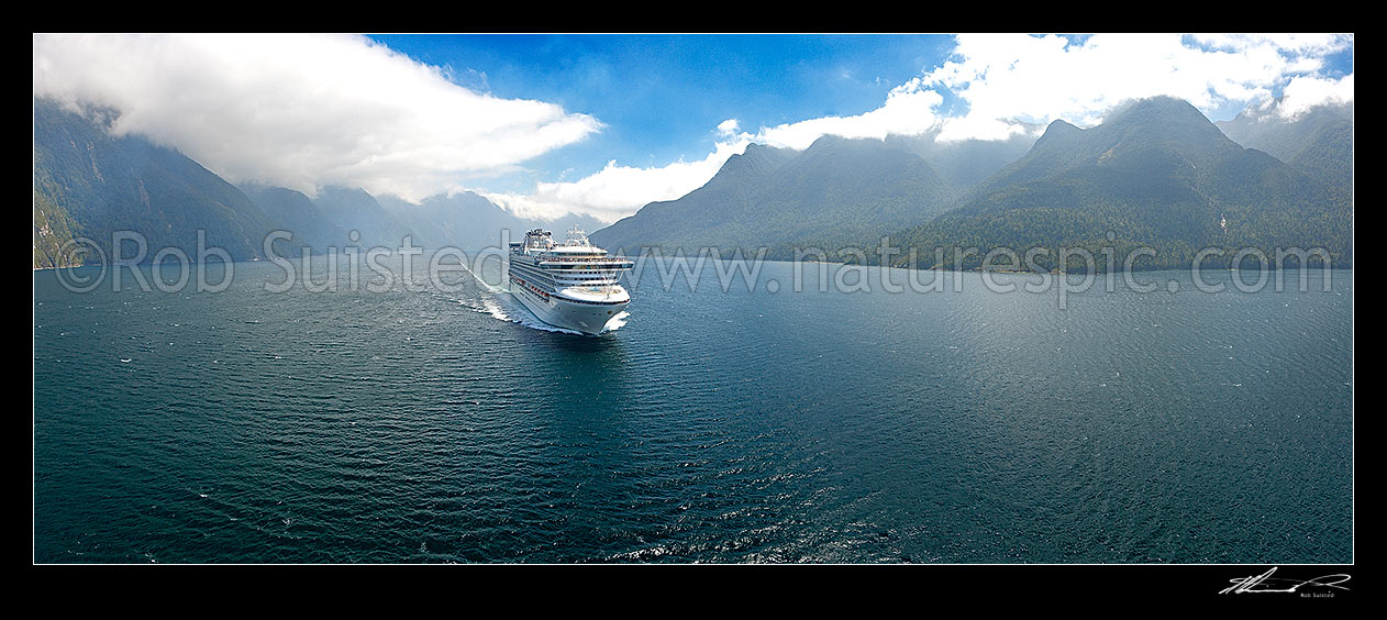 Image of Princess Cruises Diamond Princess cruise ship in Thompson Sound enroute to Doubtful Sound. Secretary Island behind left. Aerial panorama, Thompson Sound, Fiordland National Park, Southland District, Southland Region, New Zealand (NZ) stock photo image