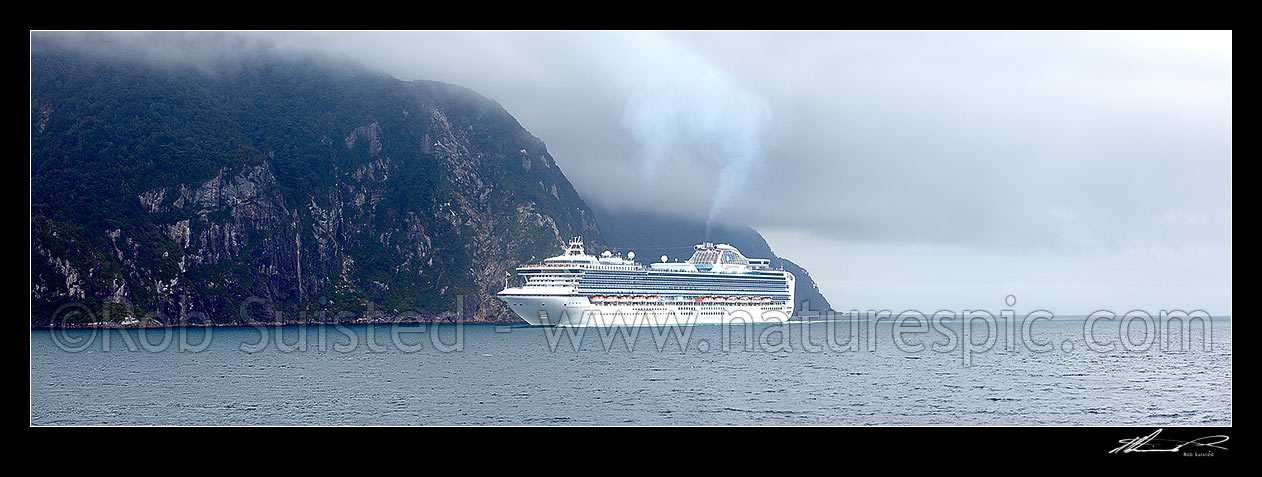 Image of Cruise ship entering Thompson Sound passing Colonial Head on Secretary Island (left). Princess Cruises Diamond Princess vessel with Secretary Island. Panorama, Thompson Sound, Fiordland National Park, Southland District, Southland Region, New Zealand (NZ) stock photo image