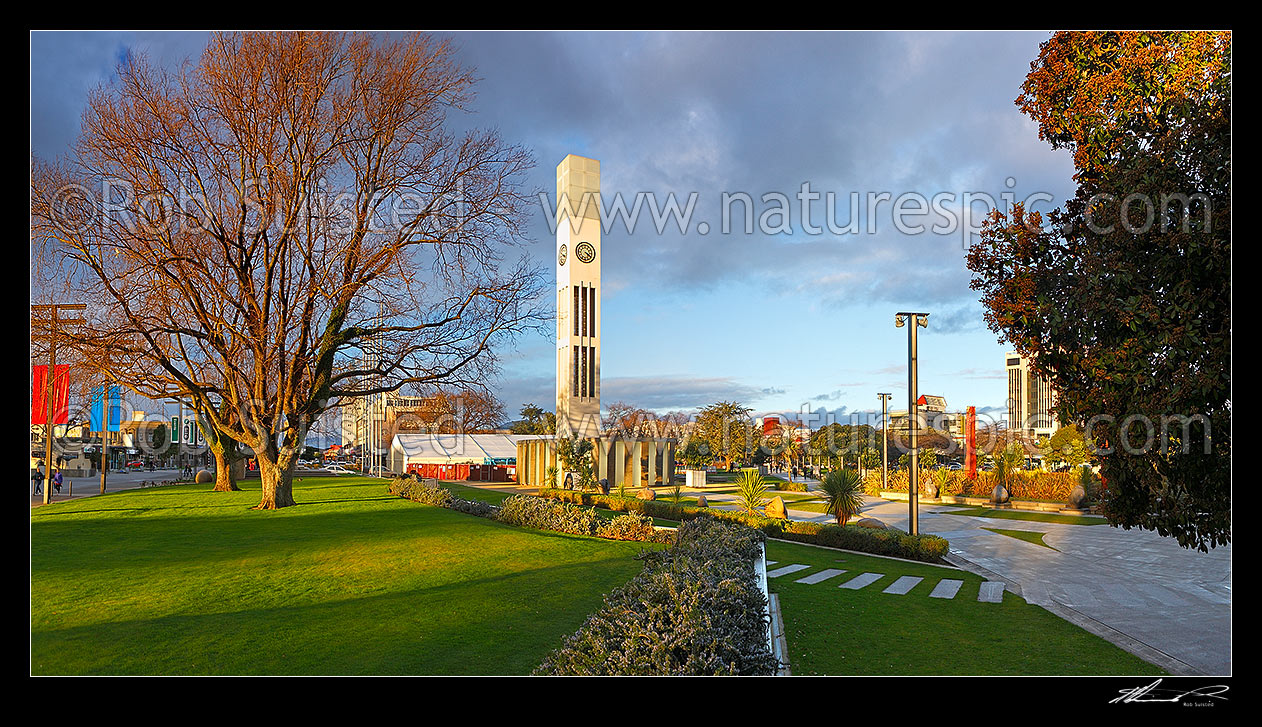 Image of The Square in Palmerston North town centre the Hopwood Clock Tower in the late afternoon winter sun. Panorama, Palmerston North, Palmerston North City District, Manawatu-Wanganui Region, New Zealand (NZ) stock photo image