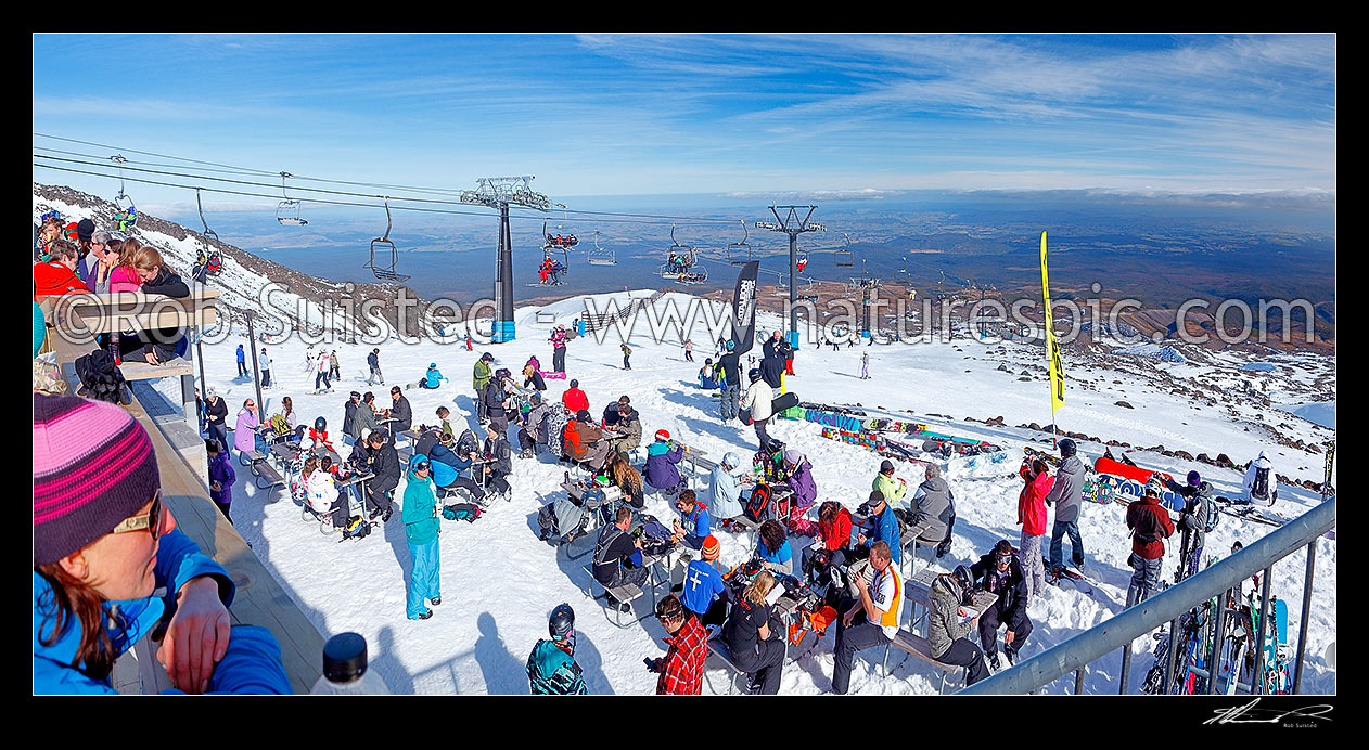 Image of Turoa Skifield with skiers and snowboarders enjoying lunch on Mount Ruapehu. Tongariro National Park. Panorama, Ohakune, Ruapehu District, Manawatu-Wanganui Region, New Zealand (NZ) stock photo image