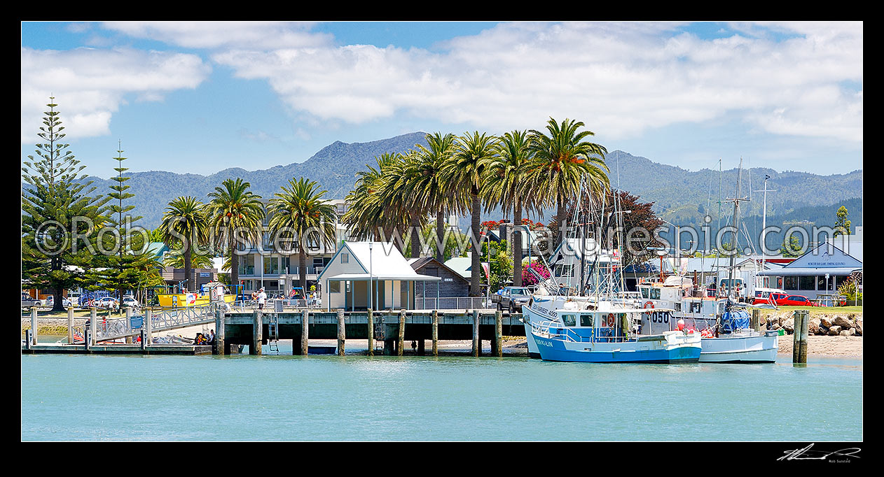 Image of Whitianga foreshore with fishing boats alongside wharf on the Esplanade beside the Harbour entrance. Panorama, Whitianga, Coromandel Peninsula, Thames-Coromandel District, Waikato Region, New Zealand (NZ) stock photo image