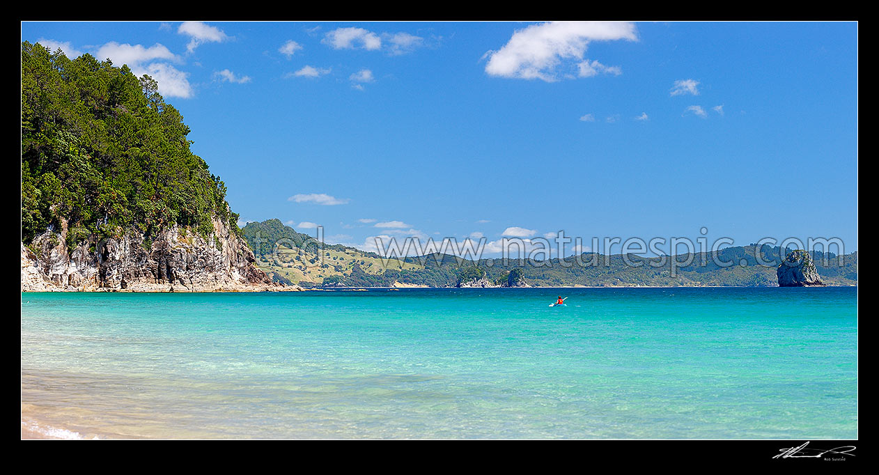 Image of Hahei beach in summer with a lone sea kayaker paddling along the coast. Panorama, Hahei, Coromandel Peninsula, Thames-Coromandel District, Waikato Region, New Zealand (NZ) stock photo image