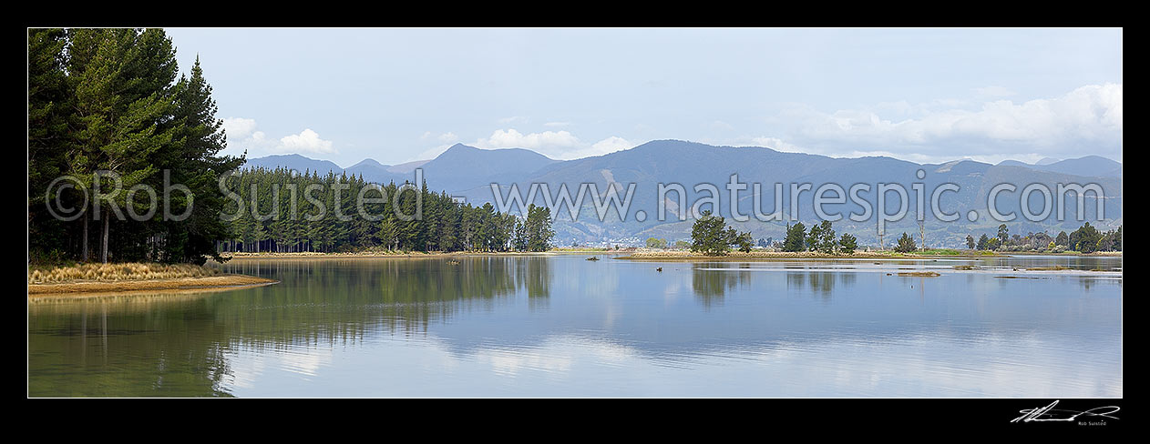 Image of Waimea Estuary inlet, Rabbit Island (left) and Bell Island (centre). Panorama, Nelson, Tasman District, Tasman Region, New Zealand (NZ) stock photo image