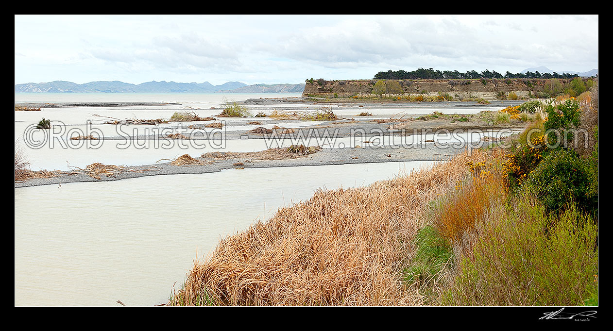 Image of Awatere River mouth and alluvial sand or gravel bars, with Clifford Bay beyond. Panorama, Seddon, Marlborough District, Marlborough Region, New Zealand (NZ) stock photo image