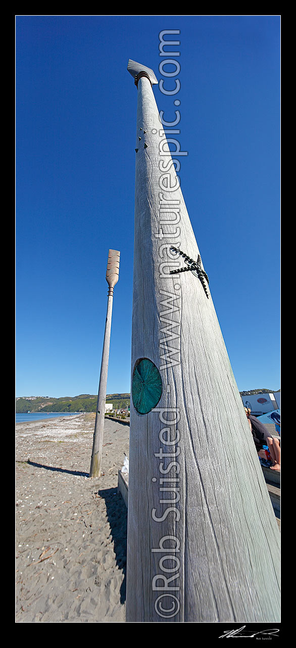 Image of Oars sculpture on Petone Beach called 'Salute' by John Calvert 2003, recognising those who arrived on Petone's shores. Vertical panorama, Petone, Hutt City District, Wellington Region, New Zealand (NZ) stock photo image