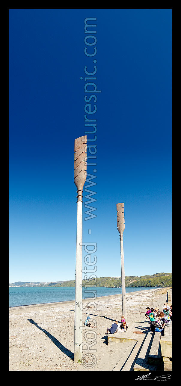 Image of Oars sculpture on Petone Beach called 'Salute' by John Calvert 2003, recognising those who arrived on Petone's shores. Vertical panorama, Petone, Hutt City District, Wellington Region, New Zealand (NZ) stock photo image