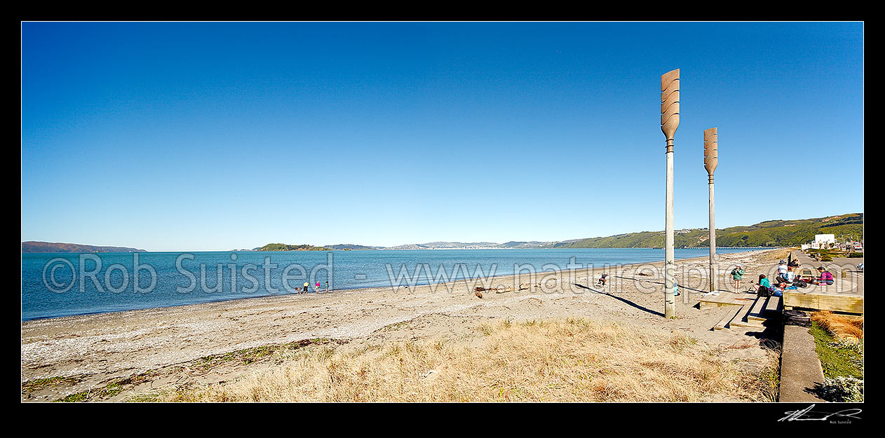 Image of Oars sculpture on Petone Beach called 'Salute' by John Calvert 2003, recognising those who arrived on Petone's shores. Panorama, Petone, Hutt City District, Wellington Region, New Zealand (NZ) stock photo image