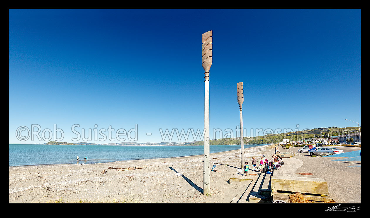 Image of Petone Bech and the Oars sculpture called 'Salute' by John Calvert 2003, recognising those who arrived on Petone's shores. Panorama, Petone, Hutt City District, Wellington Region, New Zealand (NZ) stock photo image