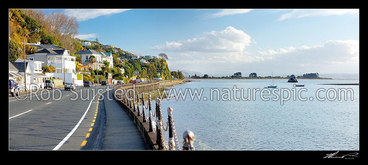 Image of Nelson waterfront and Wakefield Quay infront of Fifeshire Rock and Tahunanui Beach. Panorama, Nelson, Nelson City District, Nelson Region, New Zealand (NZ) stock photo image