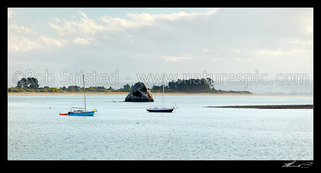 Image of Nelson Harbour, yachts moored in front of Fifeshire Rock and Tahunanui Beach. Panorama, Nelson, Nelson City District, Nelson Region, New Zealand (NZ) stock photo image