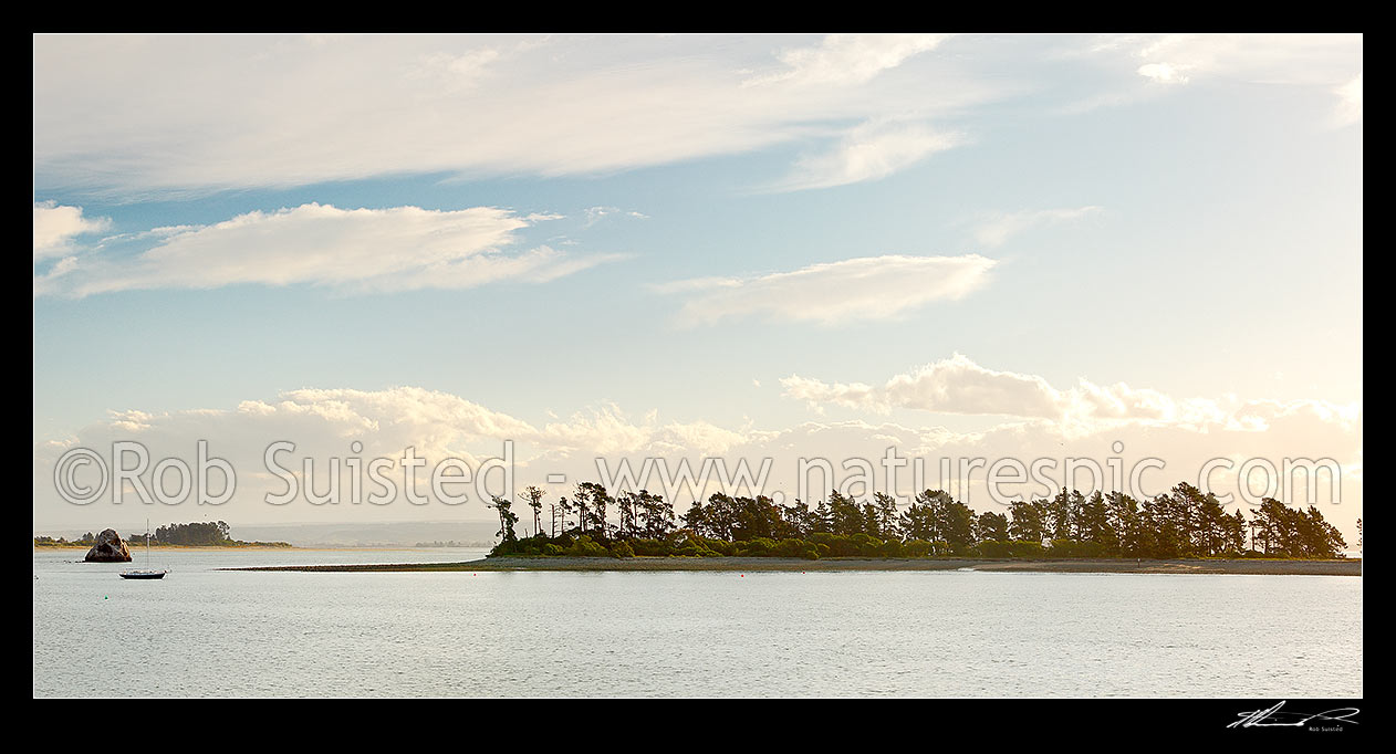 Image of Nelson Harbour and Haulashore Island at dusk. Panorama, Nelson, Nelson City District, Nelson Region, New Zealand (NZ) stock photo image