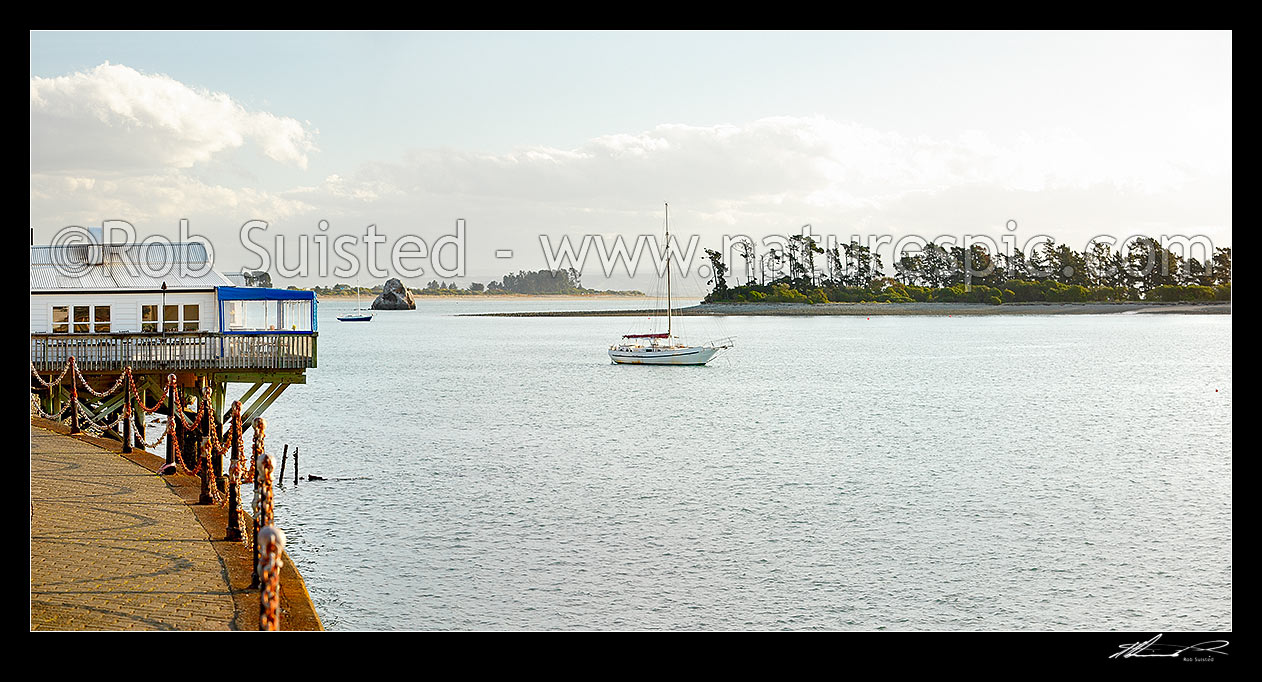 Image of The Boatshed Caf on the Nelson waterfront, with moored yacht in front of Haulashore Island. Panorama, Nelson, Nelson City District, Nelson Region, New Zealand (NZ) stock photo image