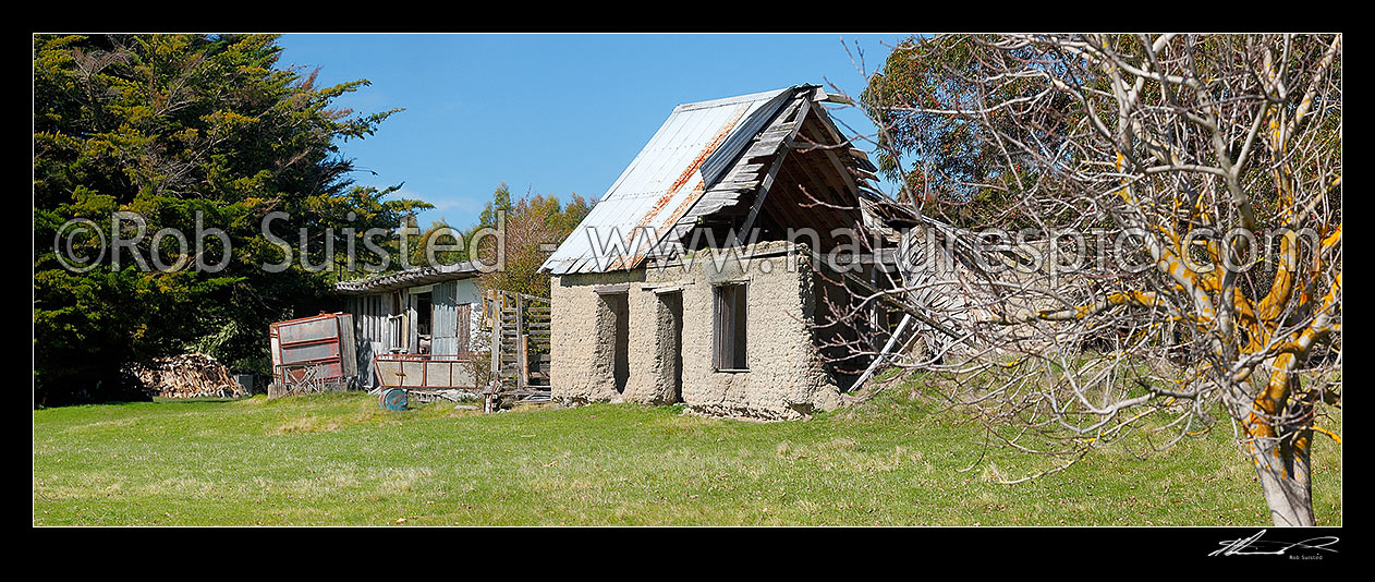 Image of Old cob farm house or building. Panorama, Blenheim, Marlborough District, Marlborough Region, New Zealand (NZ) stock photo image