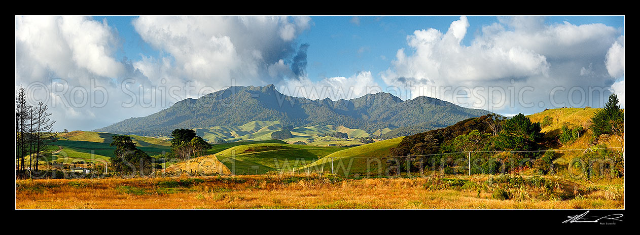 Image of Mt Karioi (756m) and Tamahine o Karewa Peak, and extinct volcano, SW of Raglan Harbour. Pirongia Forest Park. Panorama, Raglan, Waikato District, Waikato Region, New Zealand (NZ) stock photo image