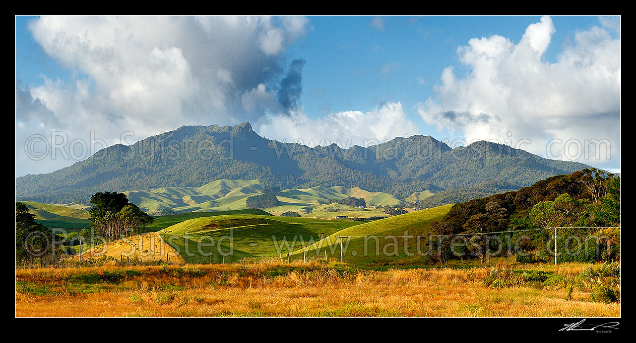 Image of Mount Karioi (756m) and Tamahine o Karewa Peak, and extinct volcano, SW of Raglan Harbour. Pirongia Forest Park. Panorama, Raglan, Waikato District, Waikato Region, New Zealand (NZ) stock photo image