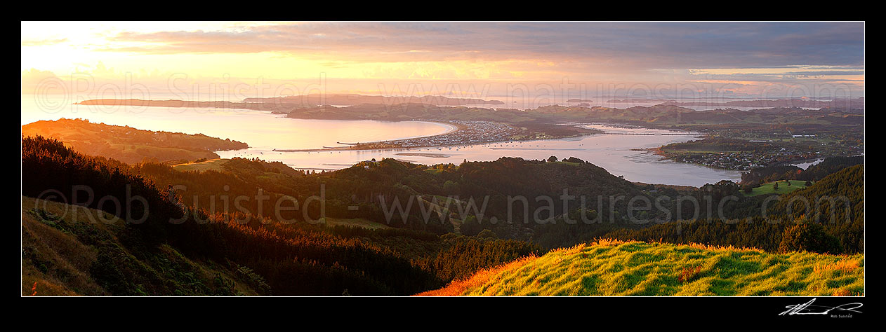 Image of Omaha Beach, Takatu Pont and Ti Point (left) and Whangateau Harbour, with Kawau Island far left. Sunrise. Panorama, Leigh, Rodney District, Auckland Region, New Zealand (NZ) stock photo image