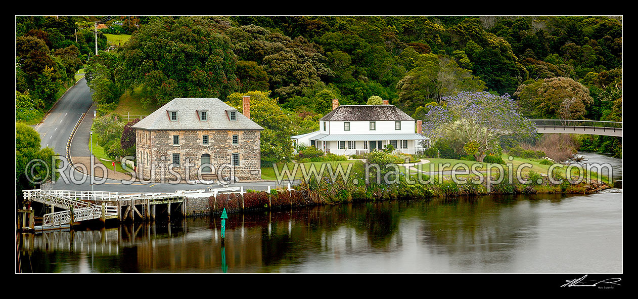 Image of Historic Stone Store (1832) and Mission Station Kemp House (1821) by the Kerikeri Inlet Basin. Panorama, Kerikeri, Far North District, Northland Region, New Zealand (NZ) stock photo image