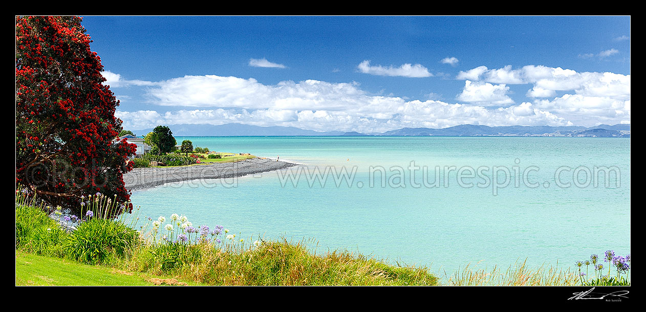 Image of Hauraki Gulf houses nestled on the Waharau shore near Wharekawa. Coromandel Ranges distant. Panorama, Kaiaua, Franklin District, Waikato Region, New Zealand (NZ) stock photo image