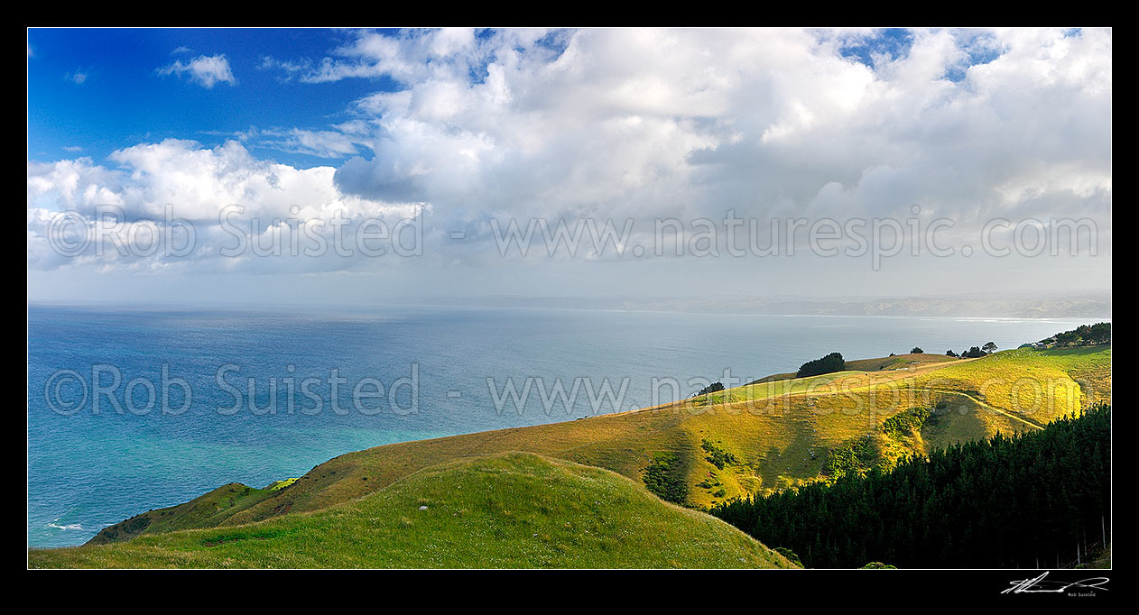 Image of Raglan coast farmland and looking north over the sea, Raglan, Waikato District, Waikato Region, New Zealand (NZ) stock photo image