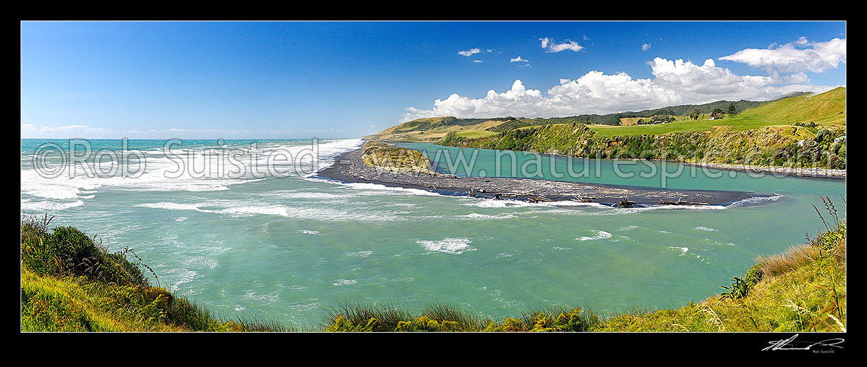 Image of Awakino River Mouth, Heads and sand bar. Panorama, Awakino, Waitomo District, Waikato Region, New Zealand (NZ) stock photo image