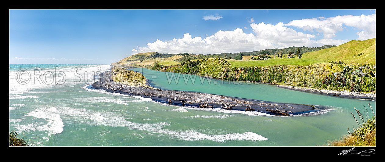 Image of Awakino River Mouth and sand bar. Panorama, Awakino, Waitomo District, Waikato Region, New Zealand (NZ) stock photo image