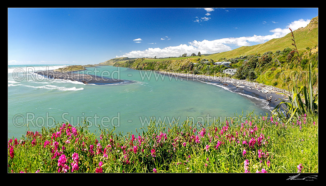 Image of Awakino River Mouth and sand bar overlooked by baches and homes. Panorama, Awakino, Waitomo District, Waikato Region, New Zealand (NZ) stock photo image