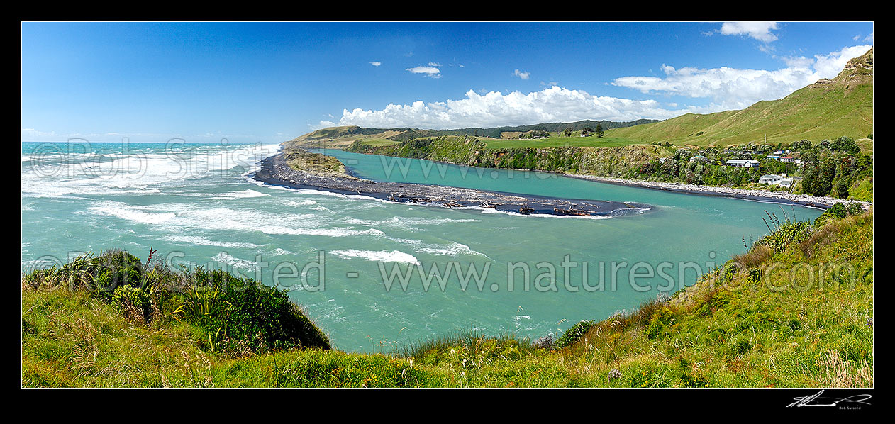 Image of Awakino River Mouth and sand bar. Panorama, Awakino, Waitomo District, Waikato Region, New Zealand (NZ) stock photo image