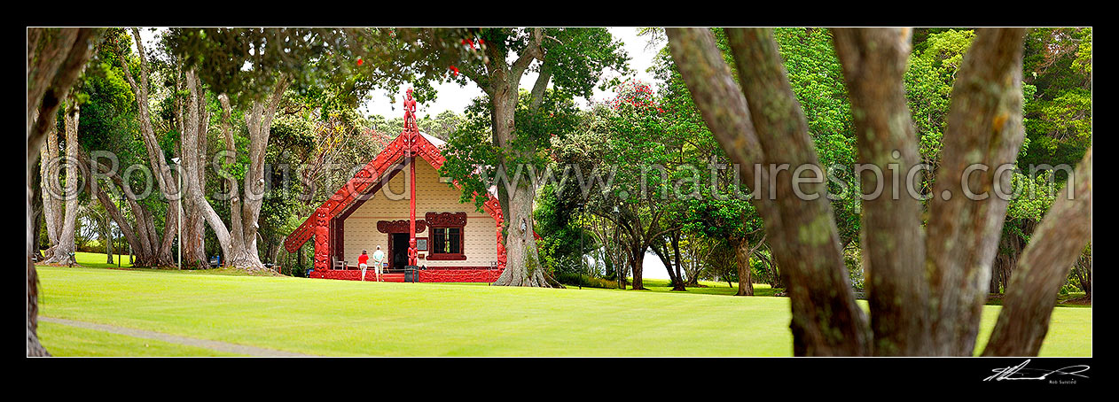 Image of Te Whare Runanga at the Waitangi Treaty Grounds Te Tiriti o Waitangi. Panorama, Paihia, Bay of Islands, Far North District, Northland Region, New Zealand (NZ) stock photo image