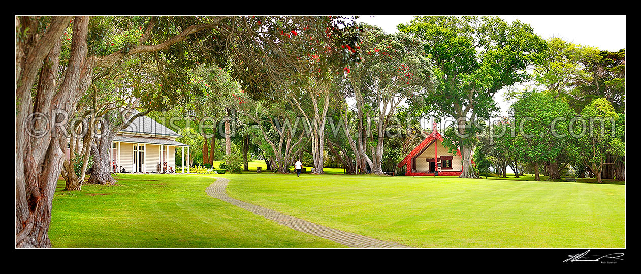 Image of The Treaty House (1834 - left) and Te Whare Runanga at the Waitangi Treaty Grounds. Te Tiriti o Waitangi. Panorama, Paihia, Bay of Islands, Far North District, Northland Region, New Zealand (NZ) stock photo image