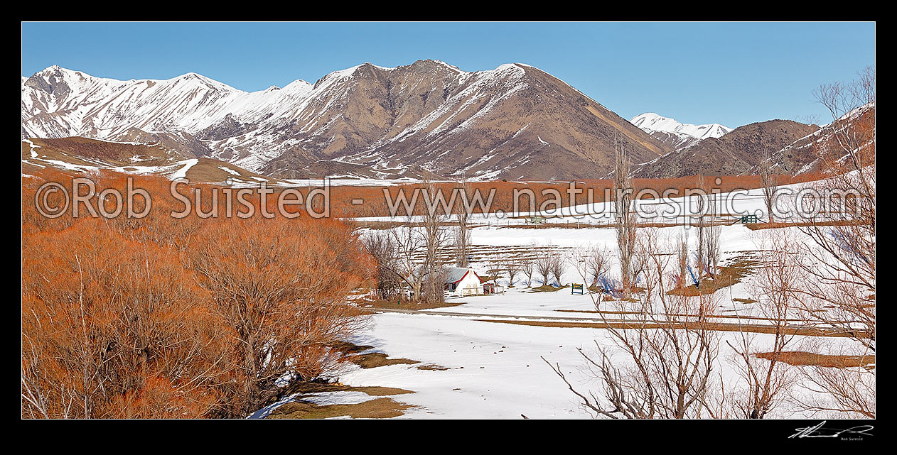 Image of Molesworth Cob cottage Homestead winter, historic bulding in the Awatere River valley. Built in 1866 as the original Molesworth Homestead building. See 42469 for summer comparison. Panorama, Molesworth Station, Marlborough District, Marlborough Region, New Zealand (NZ) stock photo image