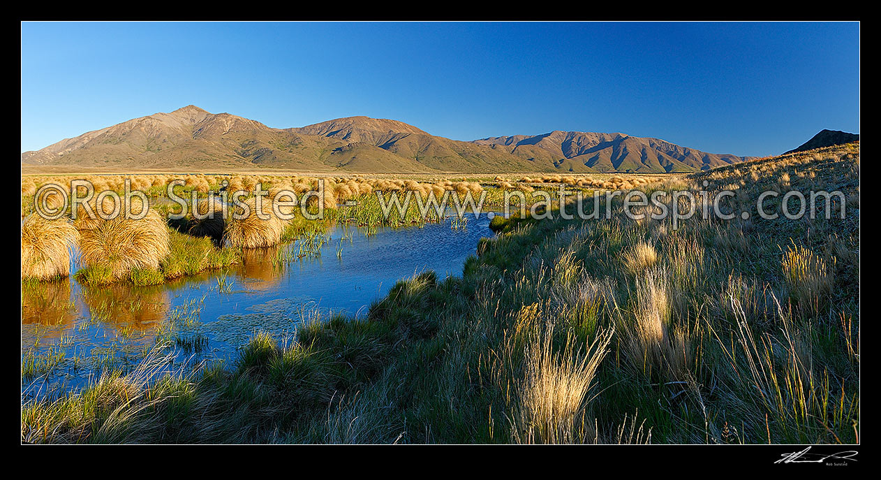 Image of Lake Sedgemere and wetland with the Boddington Range behind. Tarndale panorama, Molesworth Station, Marlborough District, Marlborough Region, New Zealand (NZ) stock photo image