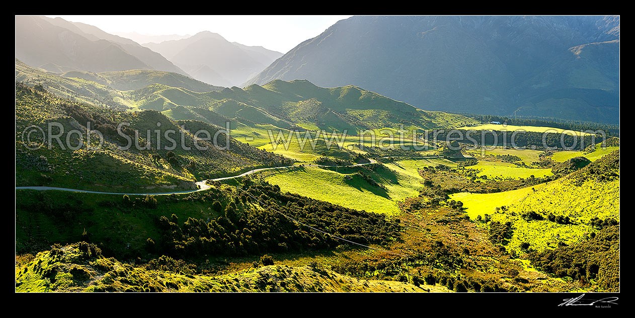 Image of Lake Sumner rural farmland panorama looking up the Hurunui River valley from Jacks Saddle on the Seven Hills, Hawarden, Hurunui District, Canterbury Region, New Zealand (NZ) stock photo image