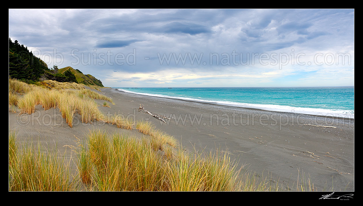 Image of Kekerengu Beach and sand dunes on the Kaikoura Coast. Panorama, Kekerengu, Kaikoura District, Canterbury Region, New Zealand (NZ) stock photo image