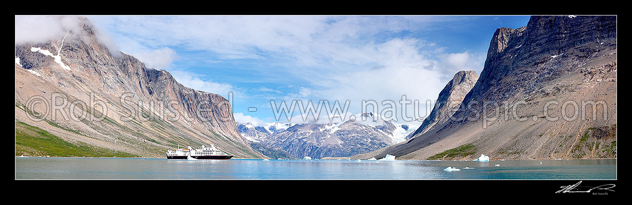 Image of Silversea expedition ship the Silver Explorer (Prince Albert II) in Skoldungen Fjord, East Greenland. Panorama, Skoldungen Fiord, New Zealand (NZ) stock photo image