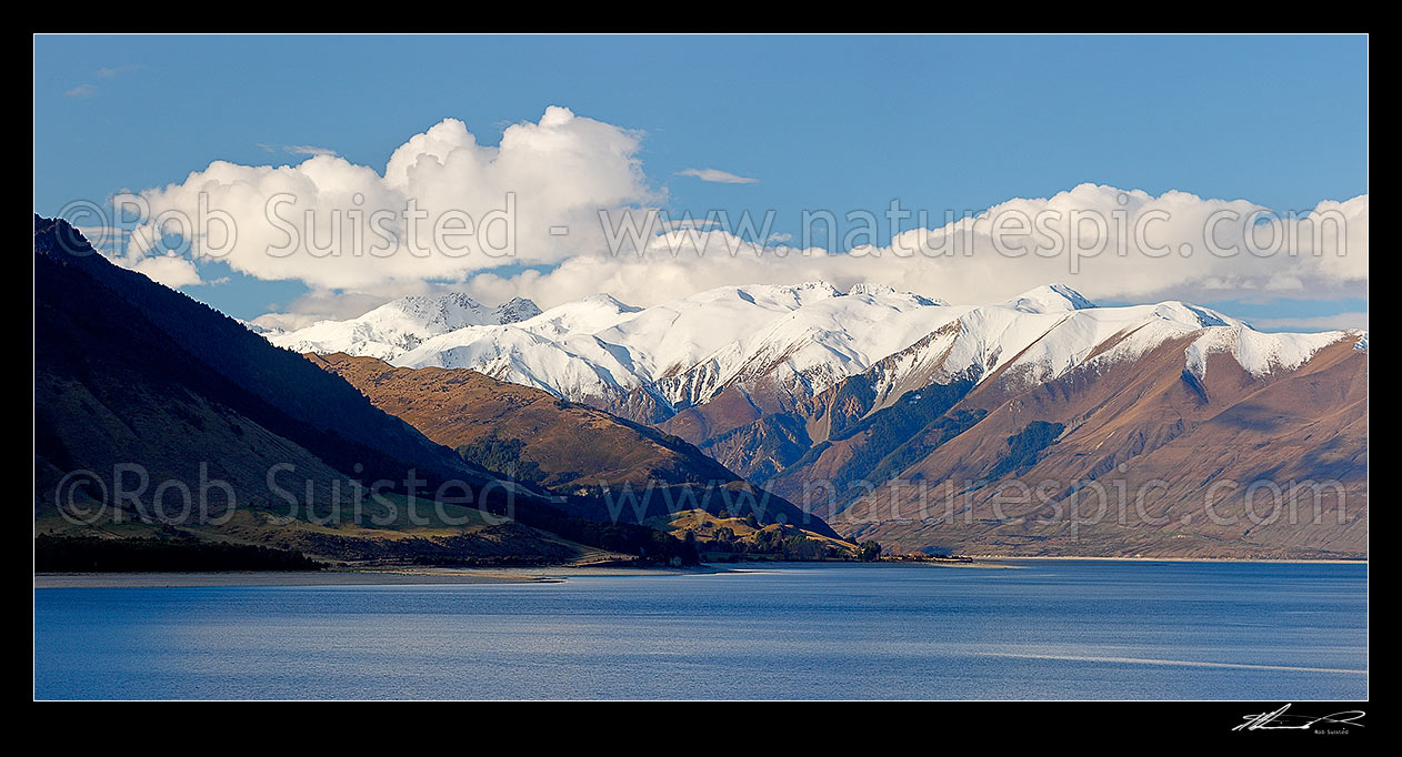 Image of Lake Hawea and the Huxley Range. Winter panorama, Lake Hawea, Otago, Queenstown Lakes District, Otago Region, New Zealand (NZ) stock photo image